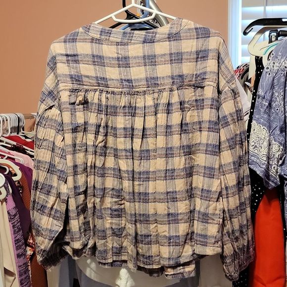 Free People Jessie Plaid Balloon-Sleeve Top Grey Combo XS - Picture 4 of 4